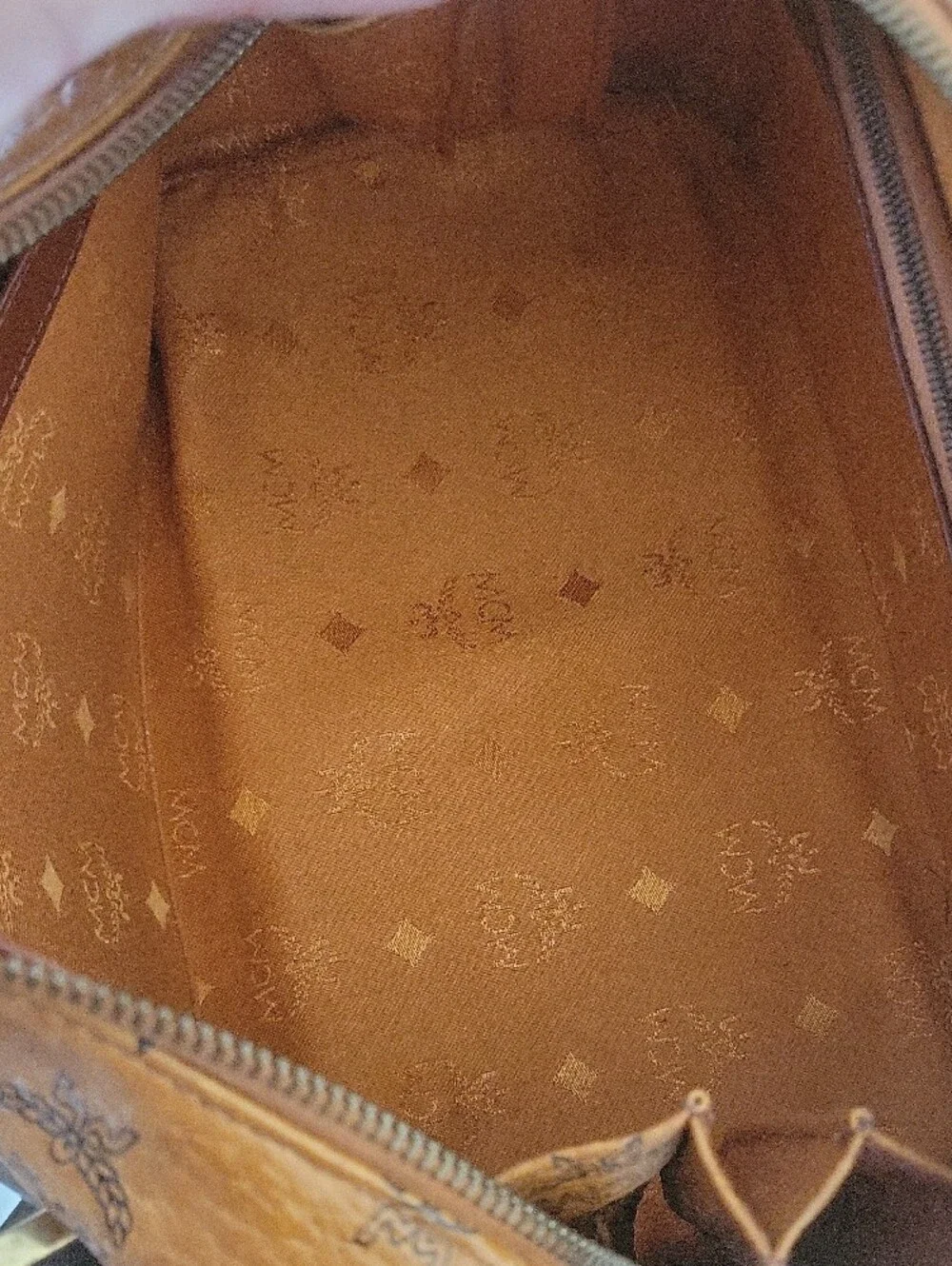 MCM Cognac Visetos Boston Satchel with Brown Accents